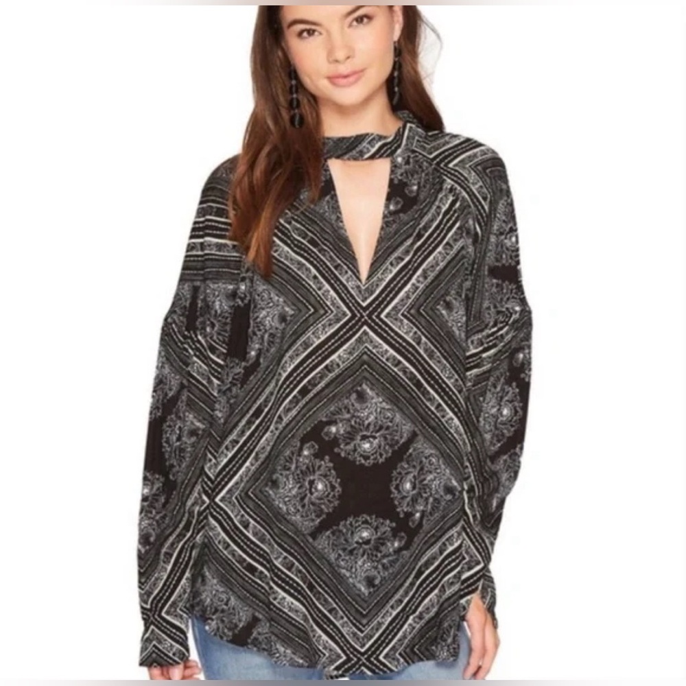 Free People Black, White, and Green Patterned Tunic Top